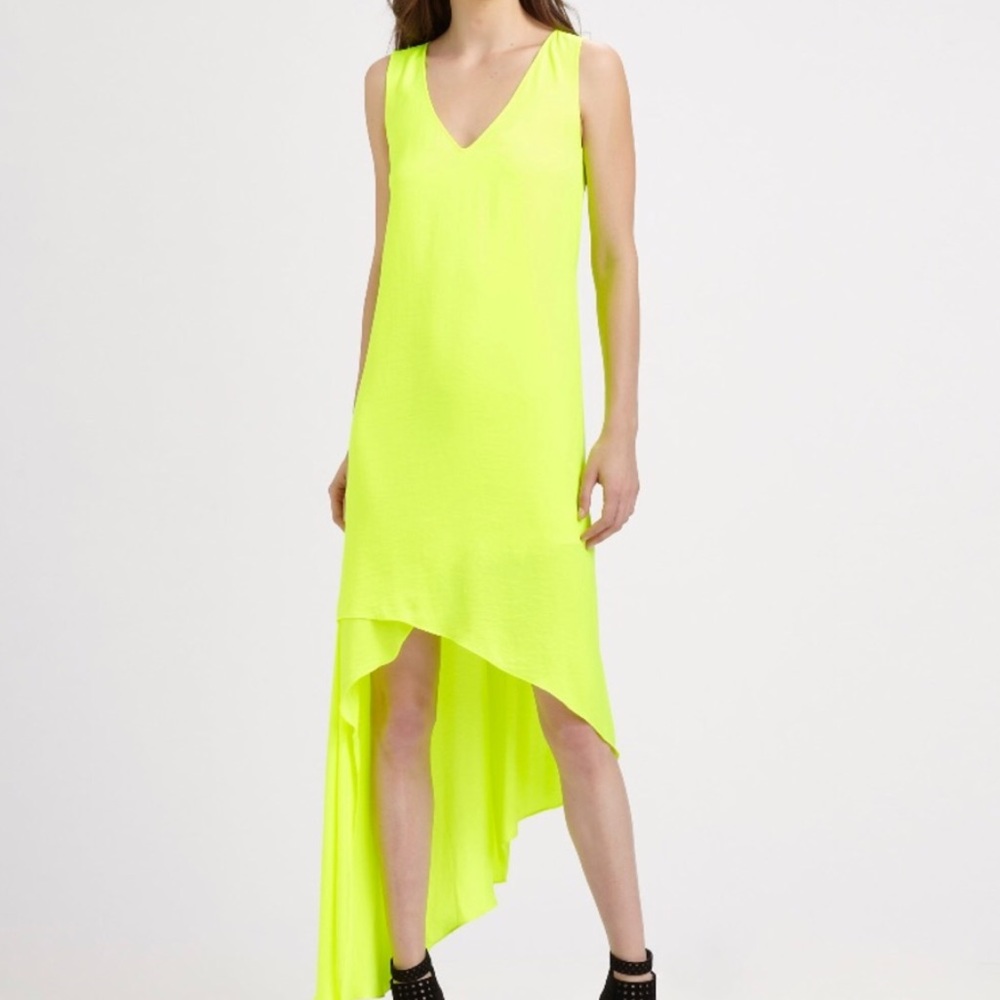 BCBG Neon Yellow High Low Silk Dress